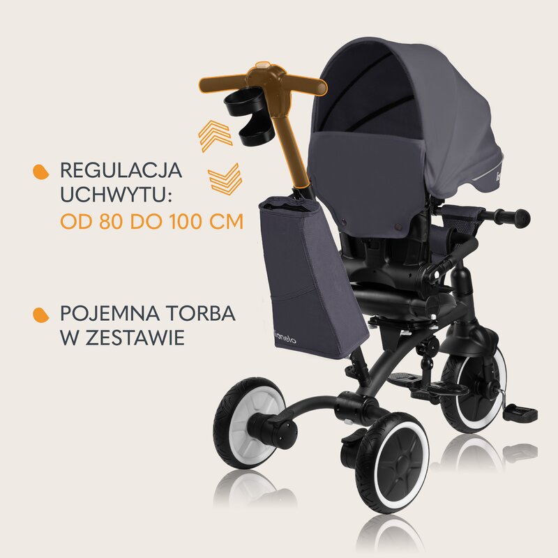 Tricicletă Copii Lionelo Tris Plus | Ultrapliabilă | Scaun Reversibil 360° | Spătar Reglabil | 9 luni-5 ani | 25 kg | Gri
