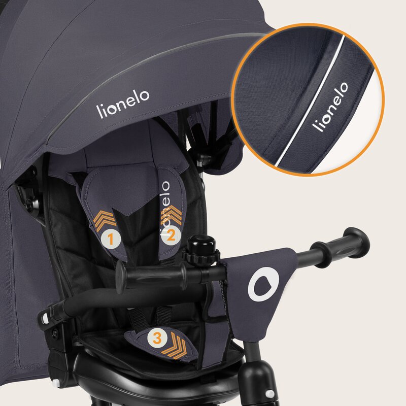 Tricicletă Copii Lionelo Tris Plus | Ultrapliabilă | Scaun Reversibil 360° | Spătar Reglabil | 9 luni-5 ani | 25 kg | Gri