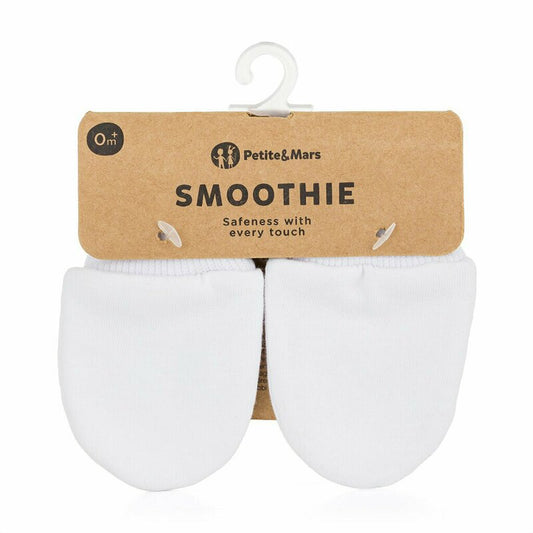 Manusi pentru nou-nascuti, Petite&Mars, Smoothie, Bumbac 100%, Material moale si respirabil, Protectie impotriva zgarieturilor, Manseta lata, 2 straturi, 6 x 10 cm, 0 luni+, Alb