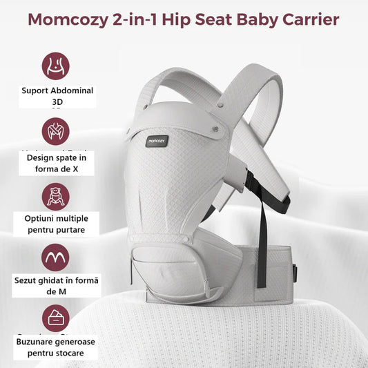 Marsupiu Hip Seat 2 in 1 cu Perna pentru Sold MOMCOZY Air Mesh Gri pana la 20 kg