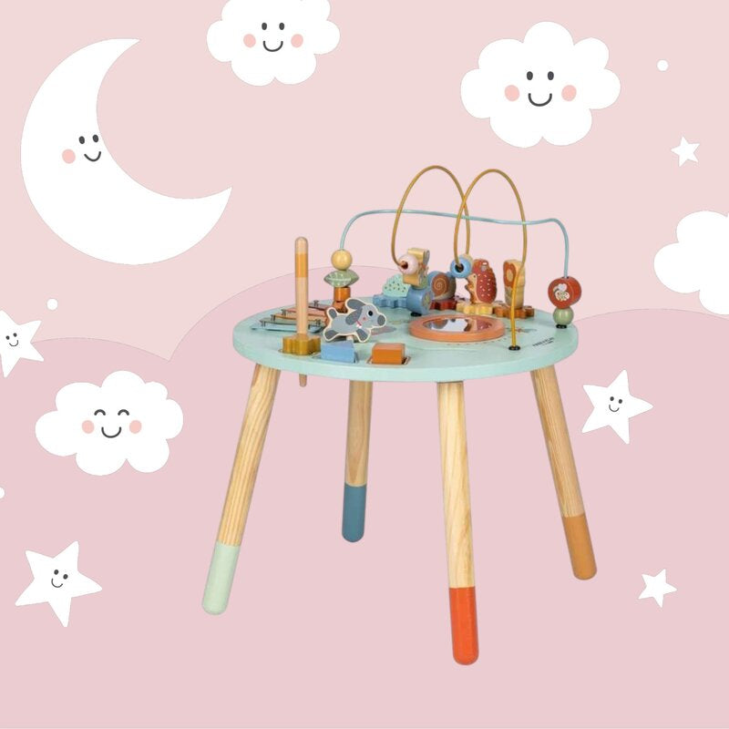 Masuta de activitati, Free2Play, Din lemn, Cu xilofon, Sortator de forme, Oglinda, Conform cu standardele europene EN71-1;2018, EN71-2:2020, EN71-3:2021, EN62115:2020, Multicolor