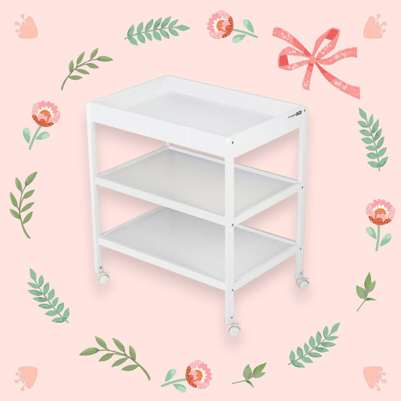 Masuta de infasat, FreeON, Mila, Din lemn, Cu 4 roti pentru transport facil, Cu 3 suprafete de depozitare, 76x54x86 cm, White