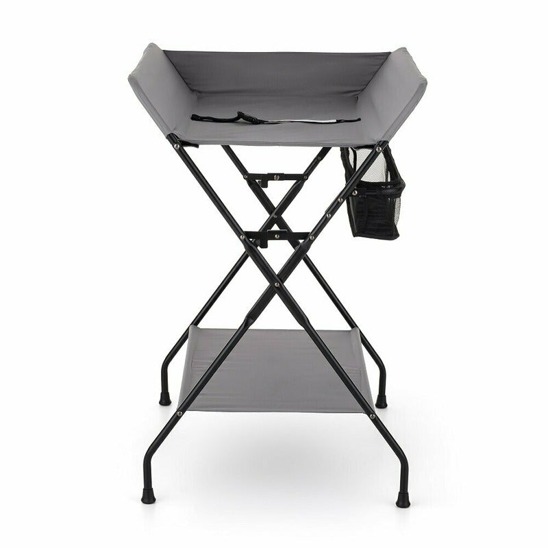 Masuta pentru infasat si schimbat scutece, Feedo, Multifunctionala, Pliabila, Cu raft pentru depozitare si compartiment lateral, Realizata din fier, panza si in, 80.5 x 67 x 102.5 cm, Gri