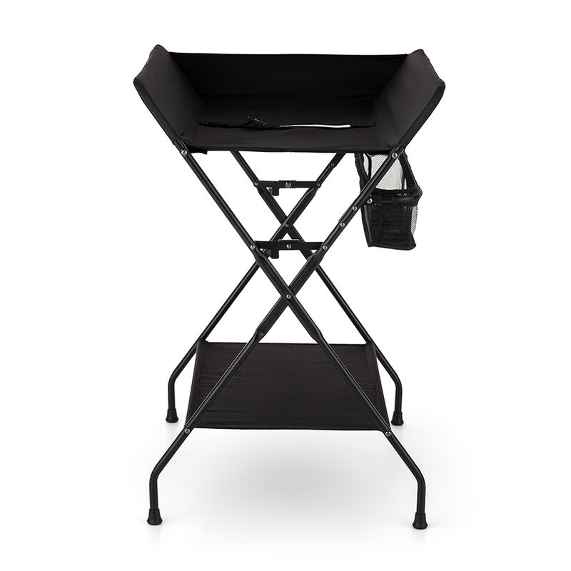 Masuta pentru infasat si schimbat scutece, Feedo, Multifunctionala, Pliabila, Cu raft pentru depozitare si compartiment lateral, Realizata din fier, panza si in, 80.5 x 67 x 102.5 cm, Negru