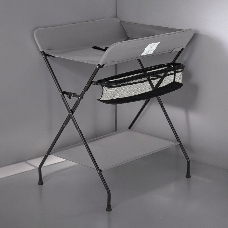Masuta pentru infasat si schimbat scutece, Feedo, Multifunctionala, Pliabila, Cu raft pentru depozitare si compartiment lateral, Realizata din fier, panza si in, 80.5 x 67 x 102.5 cm, Gri