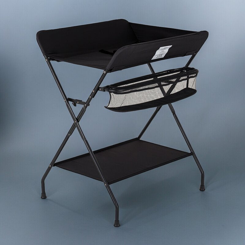 Masuta pentru infasat si schimbat scutece, Feedo, Multifunctionala, Pliabila, Cu raft pentru depozitare si compartiment lateral, Realizata din fier, panza si in, 80.5 x 67 x 102.5 cm, Negru