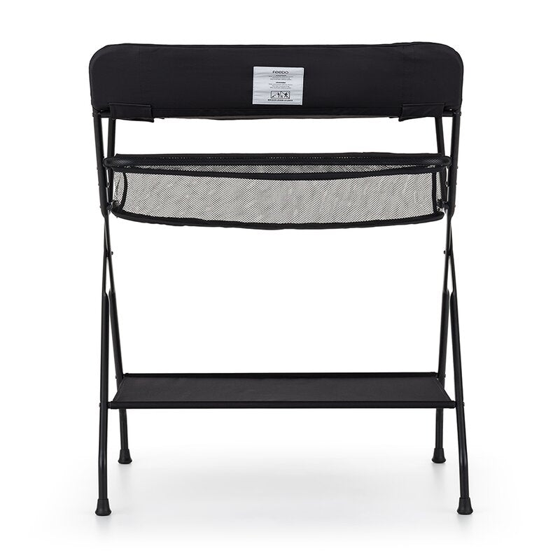 Masuta pentru infasat si schimbat scutece, Feedo, Multifunctionala, Pliabila, Cu raft pentru depozitare si compartiment lateral, Realizata din fier, panza si in, 80.5 x 67 x 102.5 cm, Negru