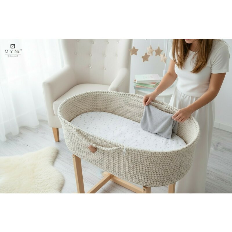 Cearșaf cu elastic MimiNu Mini Gray Stars, 80x35cm