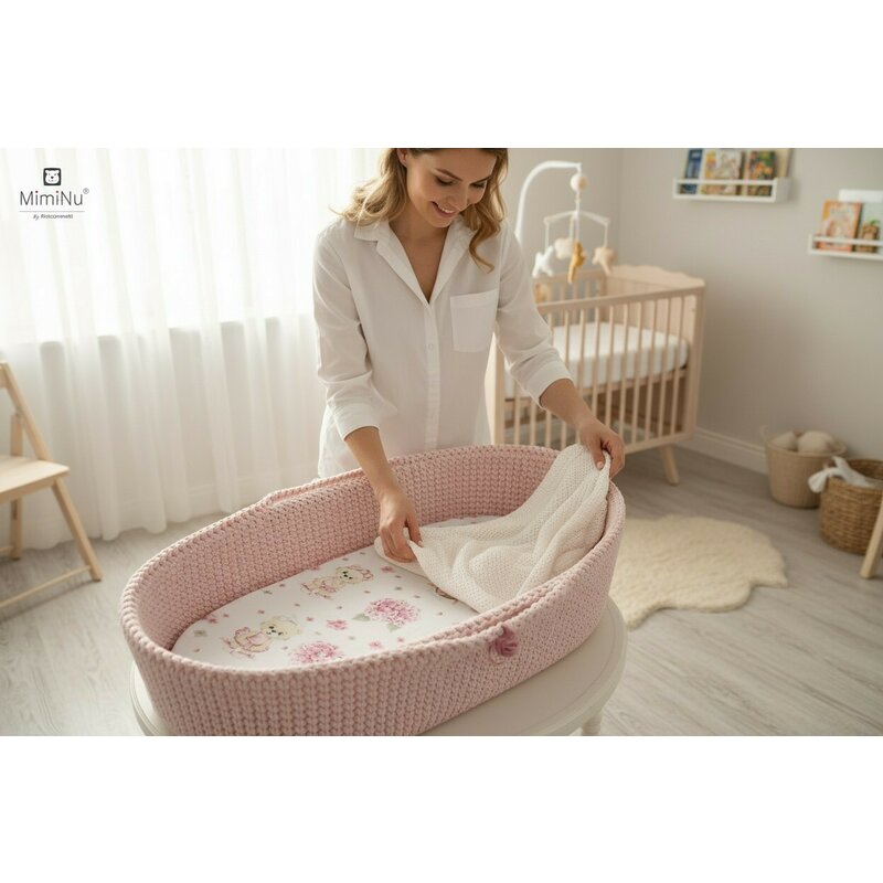 Cearceaf cu elastic, MimiNu, Pentru landou, carucior si cosulet, Dimensiune 80x35 cm, Din bumbac certificat Oeko Tex Standard 100, Design, Pink Ballerina