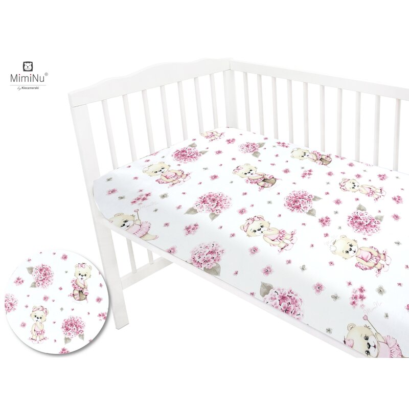 Cearceaf cu elastic, MimiNu, Pentru patut 120X60 cm, Din bumbac certificat Oeko Tex Standard 100, Design, Pink Ballerina