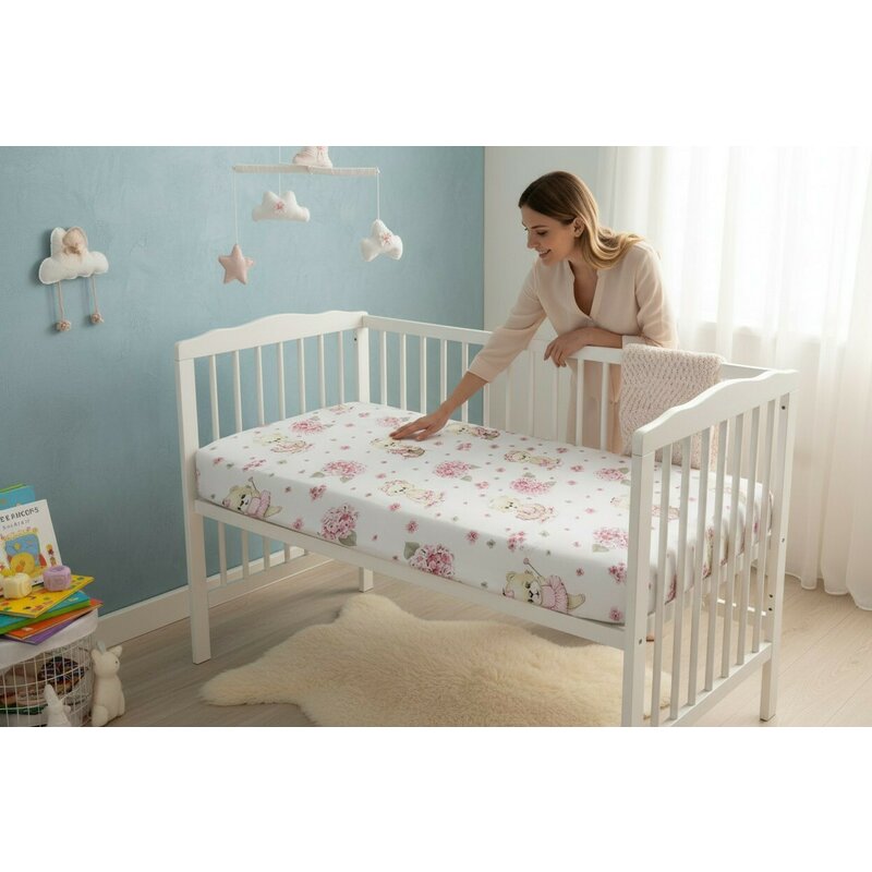 Cearceaf cu elastic, MimiNu, Pentru patut 120X60 cm, Din bumbac certificat Oeko Tex Standard 100, Design, Pink Ballerina