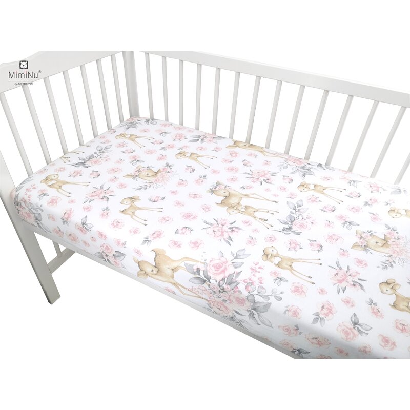 Cearceaf cu elastic, MimiNu, Pentru patut leagan sau patut co-sleeper, Dimensiune 90x40 cm, Din bumbac certificat Oeko Tex Standard 100, Sweet Deer Pink 