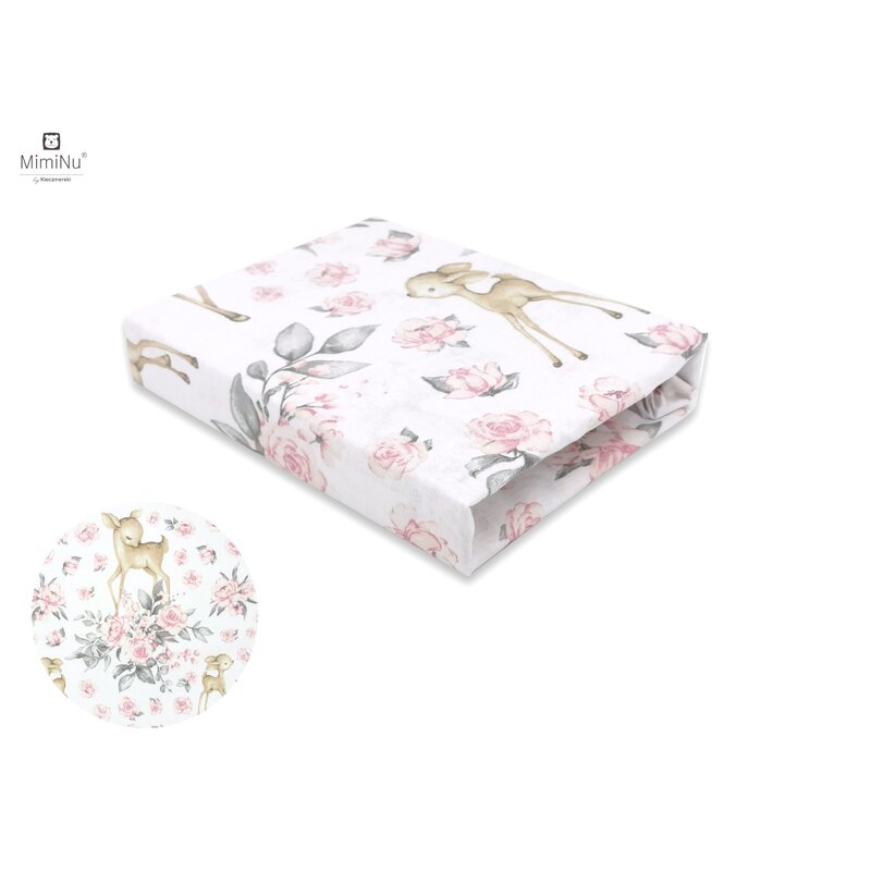 Cearceaf cu elastic, MimiNu, Pentru patut leagan sau patut co-sleeper, Dimensiune 90x40 cm, Din bumbac certificat Oeko Tex Standard 100, Sweet Deer Pink 