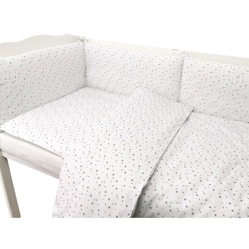 Lenjerie patut cu 3 piese, MimiNu, Pentru patut 120x60 cm, Cu protectie laterala, Din bumbac certificat Oeko Tex Standard 100, Mini Gray Stars