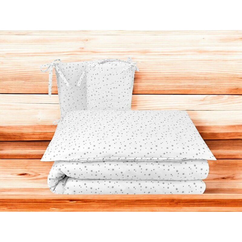 Lenjerie patut cu 3 piese, MimiNu, Pentru patut 120x60 cm, Cu protectie laterala, Din bumbac certificat Oeko Tex Standard 100, Mini Gray Stars