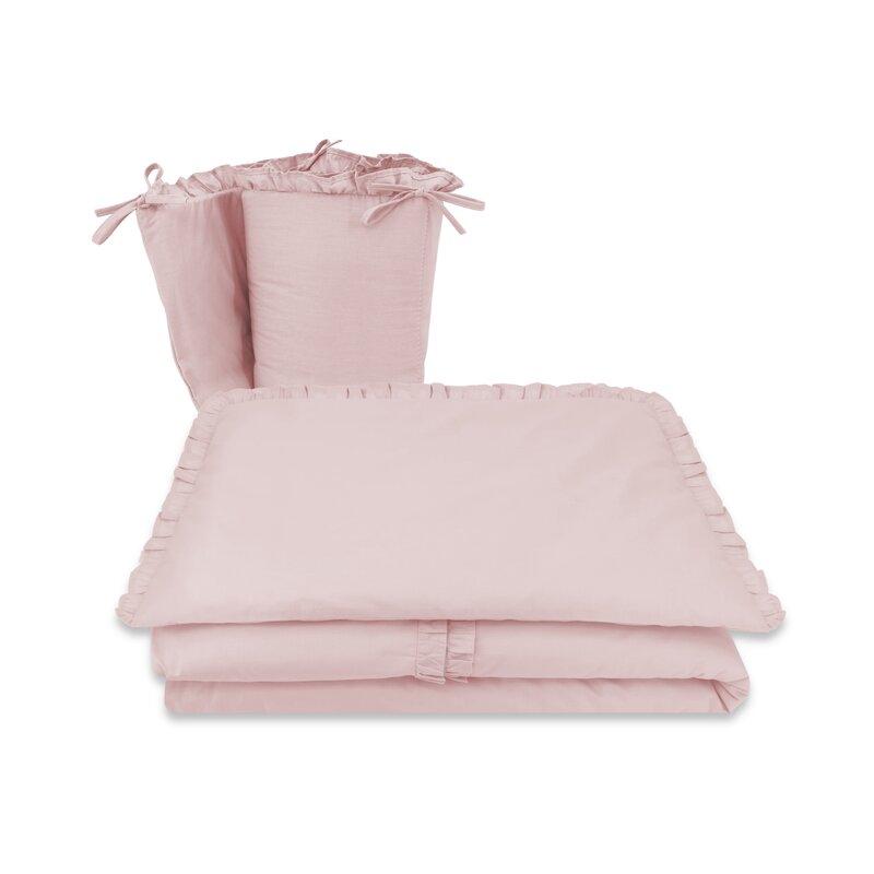 Lenjerie patut cu 4 piese, MimiNu, Pentru patut 120x60 cm, Cu doua protectii laterale, Cu volanase, Din bumbac certificat Oeko Tex Standard 100, Colectia Royal, Powder Pink