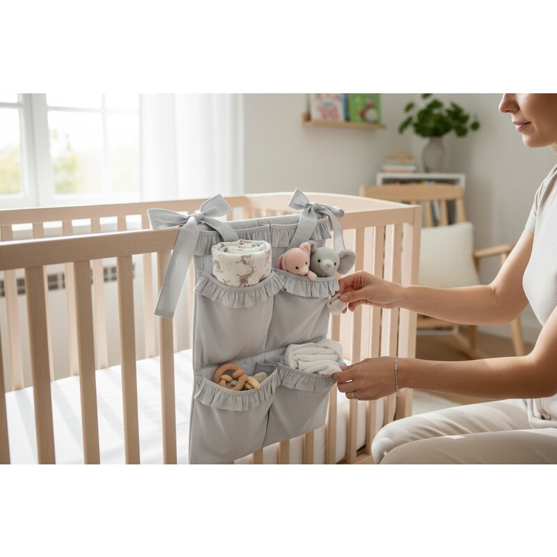 Organizator pentru patut, MimiNu, Din bumbac certificat Oeko Tex Standard 100, Cu 6 compartimente, Doua panglici, 70x40 cm, Cu volanase, Colectia Royal, Grey