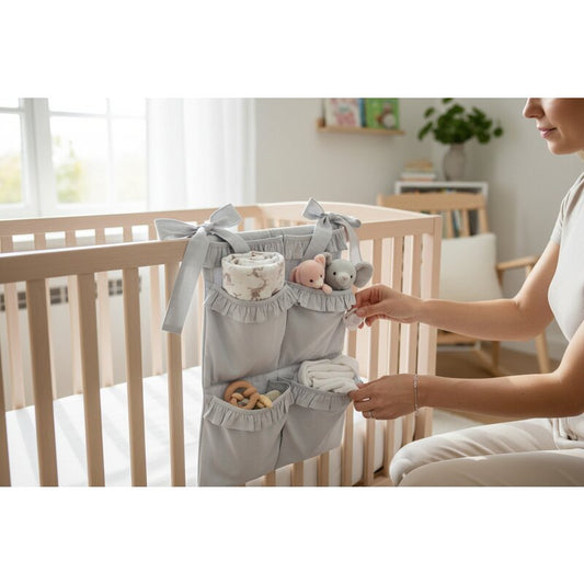 Organizator pentru Pătuț MimiNu 70x40 cm Royal Grey cu 6 Compartimente și Volanase | Bumbac Oeko-Tex Standard 100