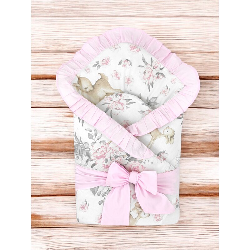 Paturica de infasat, MimiNu, Multifunctionala, Cu volanase, Cu inchidere cu panglica si arici velcro, Dimensiune 75x75 cm, Din bumbac certificat Oeko Tex Standard 100, Sweet Deer Pink/Pink