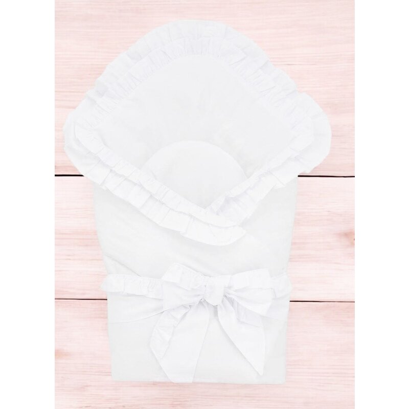 Paturica de infasat, MimiNu, Multifunctionala pentru botez, Cu volanase, Cu inchidere cu panglica si arici velcro, Dimensiune 75x75 cm, Din bumbac certificat Oeko Tex Standard 100, White