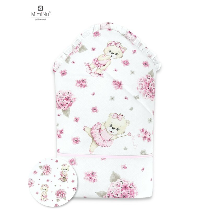Paturica de infasat, MimiNu, Cu panglica, Cu multiple utilizari, Cu inchidere arici velcro, Dimensiune 75x75 cm, Din bumbac certificat Oeko Tex Standard 100, Design, Pink Ballerina