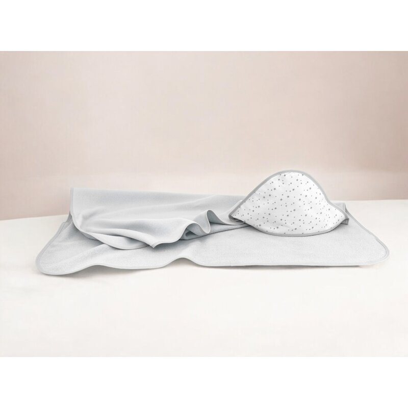 Prosop cu gluga, MimiNu, Mare, Dimensiune 100x100 cm, Din bumbac si thermo fleece, Materiale certificate Oeko Tex Standard 100, Mini Gray Stars