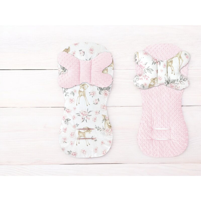 Protectie textila, MimiNu, Pentru carucior, scaun auto si scaun de bicicleta, Cu perna Butterfly, Materiale certificate Oeko Tex Standard 100, Minky Sweet Deer Pink