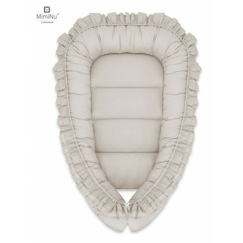Set 4 in 1 Cosulet bebelus, MimiNu, Baby Cocoon 75x55 cm, Cu volanase, Husa bumbac, Din bumbac certificat Oeko Tex Standard 100, Cu paturica cu volanase 50x70 cm, Cu salteluta, Cu perna fluture, Colectia Royal, Beige