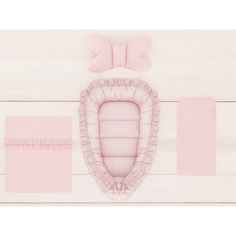 Set 4 in 1 Cosulet bebelus, MimiNu, Baby Cocoon 75x55 cm, Cu volanase, Husa bumbac, Din bumbac certificat Oeko Tex Standard 100, Cu paturica cu volanase 50x70 cm, Cu salteluta, Cu perna fluture, Colectia Royal, Powder Pink