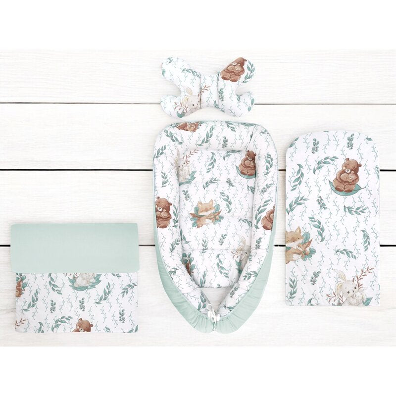 Set 4 in 1 Cosulet bebelus, MimiNu, Baby Cocoon 75x55 cm, Husa bumbac, Din bumbac certificat Oeko Tex Standard 100, Cu paturica 50x70 cm, Cu salteluta, Cu perna fluture, Lulu Natural