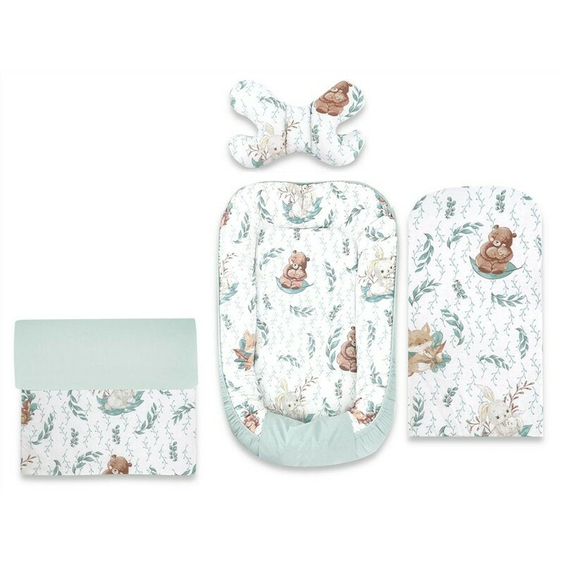 Set 4 in 1 Cosulet bebelus, MimiNu, Baby Cocoon 75x55 cm, Husa bumbac, Din bumbac certificat Oeko Tex Standard 100, Cu paturica 50x70 cm, Cu salteluta, Cu perna fluture, Lulu Natural