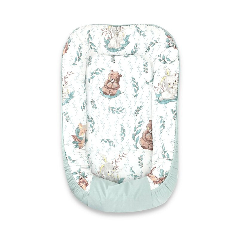 Set 4 in 1 Cosulet bebelus, MimiNu, Baby Cocoon 75x55 cm, Husa bumbac, Din bumbac certificat Oeko Tex Standard 100, Cu paturica 50x70 cm, Cu salteluta, Cu perna fluture, Lulu Natural