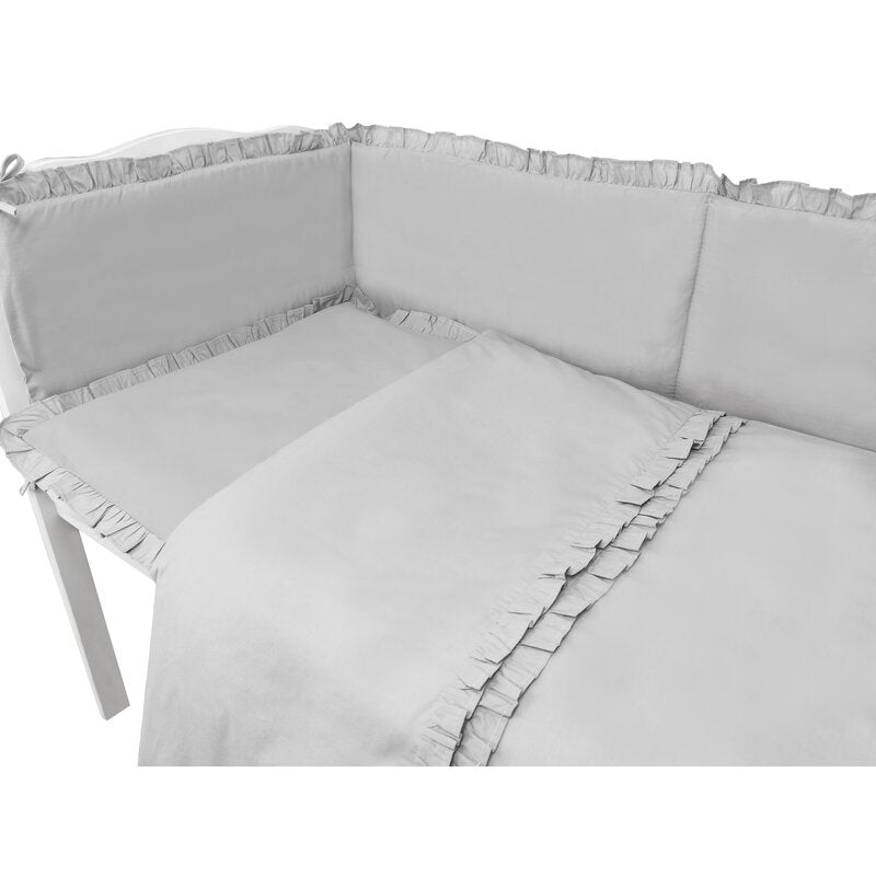 Lenjerie patut cu 5 piese, MimiNu, Pentru patut 120x60 cm, Cu volanase, Cu pilota si perna, Din bumbac certificat Oeko Tex Standard 100, Colectia Royal, Grey
