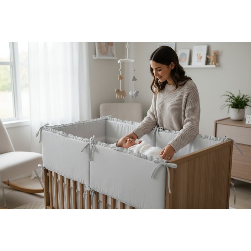 Lenjerie patut cu 5 piese, MimiNu, Pentru patut 120x60 cm, Cu volanase, Cu pilota si perna, Din bumbac certificat Oeko Tex Standard 100, Colectia Royal, Grey