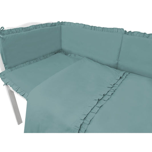 Lenjerie patut cu 5 piese, MimiNu, Pentru patut 120x60 cm, Cu volanase, Cu pilota si perna, Din bumbac certificat Oeko Tex Standard 100, Colectia Royal, Nepal Green