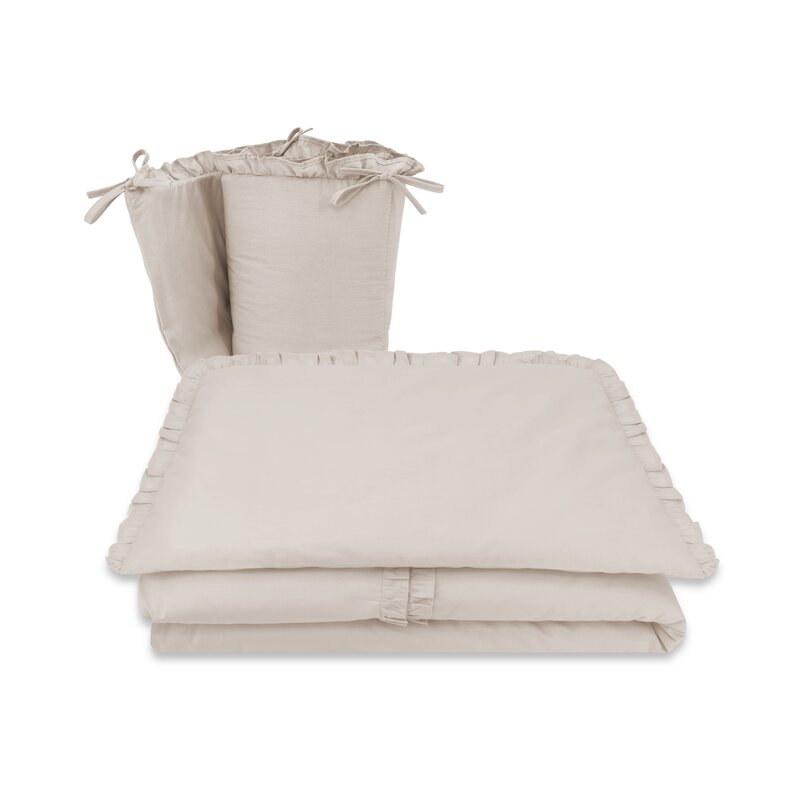 Lenjerie patut cu 6 piese, MimiNu, Pentru patut 120x60 cm, Cu volanase, Cu pilota si perna, Cu doua aparatori laterale, Din bumbac certificat Oeko Tex Standard 100, Colectia Royal, Beige