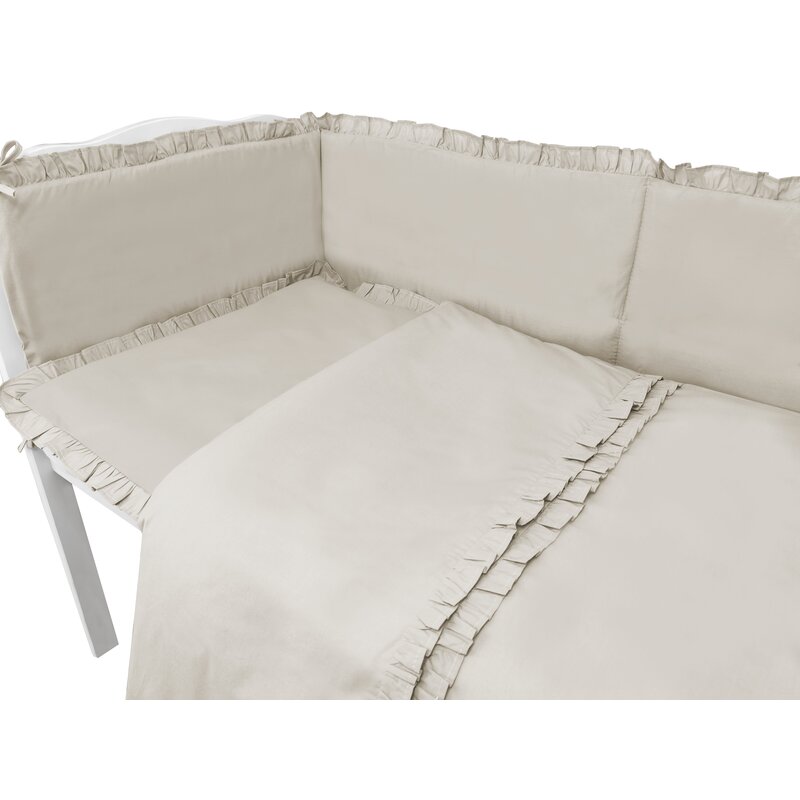 Lenjerie patut cu 6 piese, MimiNu, Pentru patut 120x60 cm, Cu volanase, Cu pilota si perna, Cu doua aparatori laterale, Din bumbac certificat Oeko Tex Standard 100, Colectia Royal, Beige
