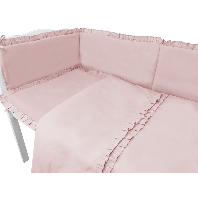Lenjerie patut cu 6 piese, MimiNu, Pentru patut 120x60 cm, Cu volanase, Cu pilota si perna, Cu doua aparatori laterale, Din bumbac certificat Oeko Tex Standard 100, Colectia Royal, Powder Pink