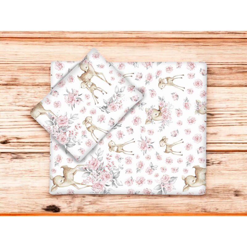 Set pentru carucior, MimiNu, Cu pernuta si paturica, Cu huse detasabile si lavabile, Din bumbac certificat Oeko Tex Standard 100, Sweet deer Pink