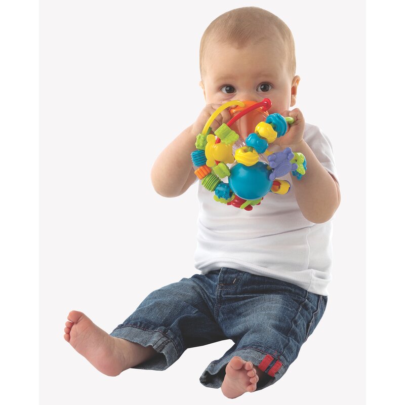 Minge cu activitati, Playgro, Pentru bebelusi, Cu margele de dentitie, Cu oglinda, Play And Learn Ball, 14 Cm