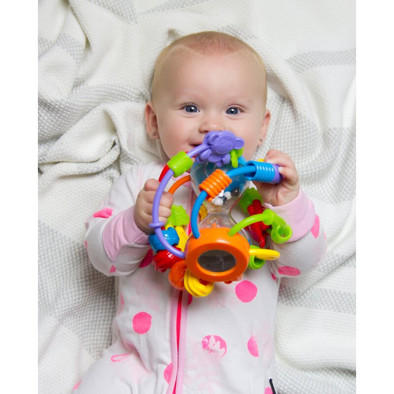 Minge cu activitati Playgro Play and Learn Ball 14 cm cu margele de dentitie si oglinda