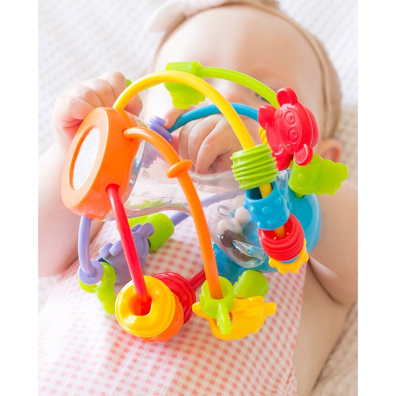 Minge cu activitati Playgro Play and Learn Ball 14 cm cu margele de dentitie si oglinda