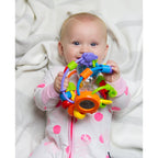 Minge cu activitati Playgro Play and Learn Ball 14 cm cu margele de dentitie si oglinda