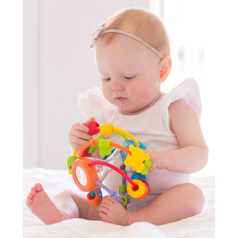 Minge cu activitati Playgro Play and Learn Ball 14 cm cu margele de dentitie si oglinda
