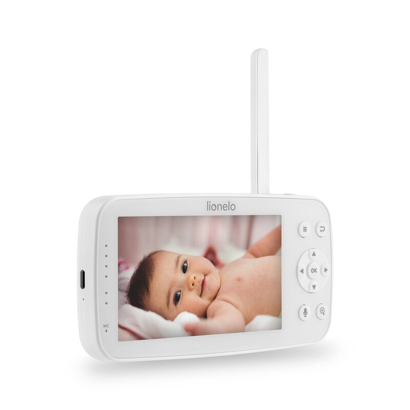 Monitor video pentru bebelusi, Lionelo, Babyline 8.4, Ecran tactil 5 inch, Camera Full HD 1080, WiFi Dual-Band, Vedere nocturna IR, Detectare plans, miscare, sunet, Comunicare bidirectionala, 8 cantece de leagan, Baterie 3000 mAh, USB-C, Alb