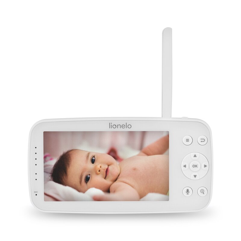 Monitor video pentru bebelusi, Lionelo, Babyline 8.4, Ecran tactil 5 inch, Camera Full HD 1080, WiFi Dual-Band, Vedere nocturna IR, Detectare plans, miscare, sunet, Comunicare bidirectionala, 8 cantece de leagan, Baterie 3000 mAh, USB-C, Alb