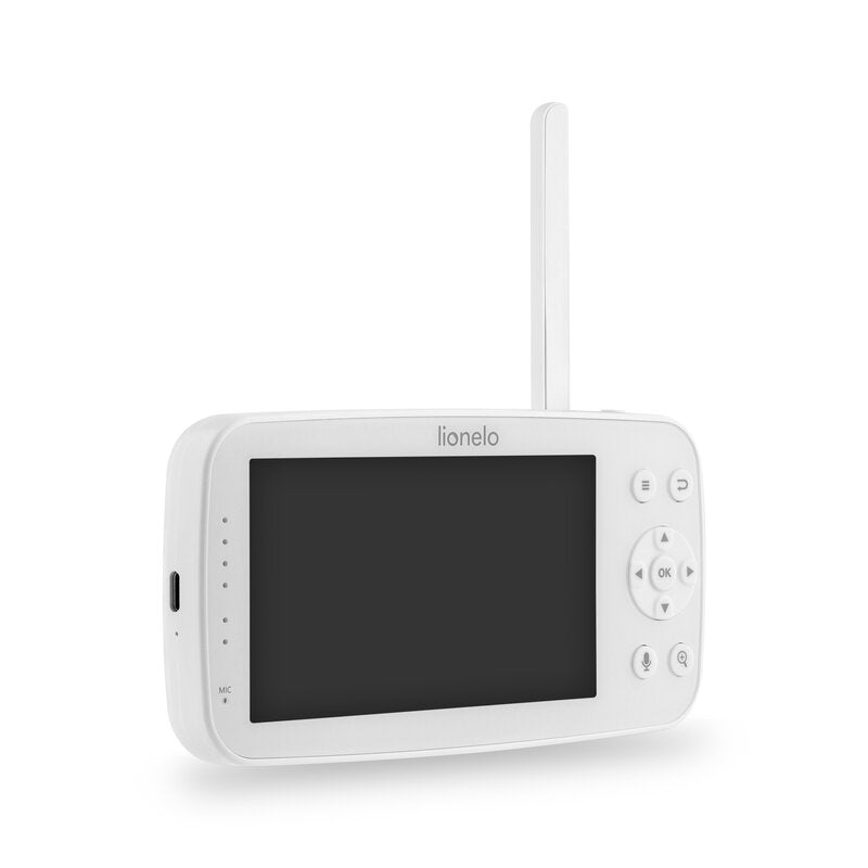 Monitor video pentru bebelusi, Lionelo, Babyline 8.4, Ecran tactil 5 inch, Camera Full HD 1080, WiFi Dual-Band, Vedere nocturna IR, Detectare plans, miscare, sunet, Comunicare bidirectionala, 8 cantece de leagan, Baterie 3000 mAh, USB-C, Alb