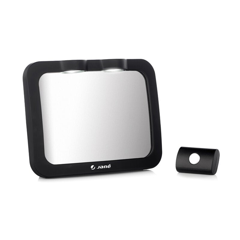 Oglinda auto, Jane, Pentru masina, Cu iluminare LED, Include telecomanda pentru pornire si oprire usoara, Din sticla rezistenta la spargere, 28 x 7 x 20 cm, Black