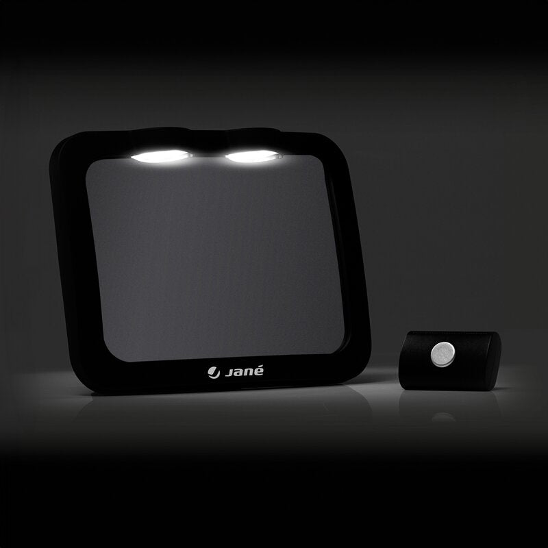 Oglinda auto, Jane, Pentru masina, Cu iluminare LED, Include telecomanda pentru pornire si oprire usoara, Din sticla rezistenta la spargere, 28 x 7 x 20 cm, Black