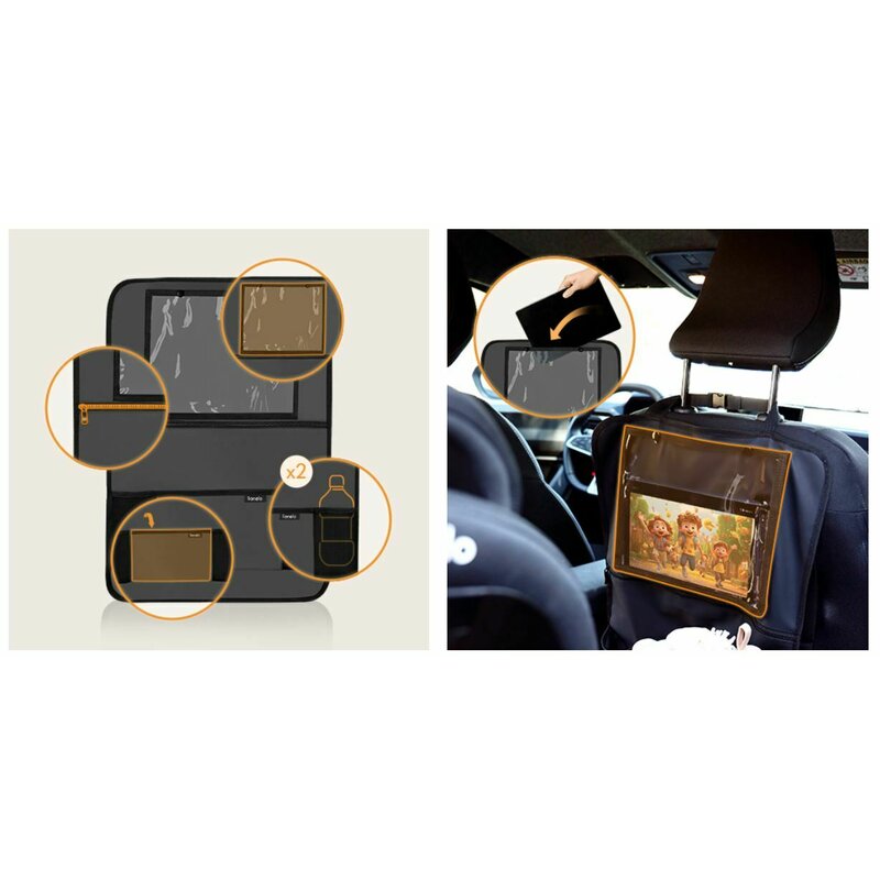 Organizator auto, Lionelo, Cu 5 buzunare de diferite dimensiuni, Cu buzunar pentru tableta, Montare cu clema, Piele ecologica, Impermeabila, Gri